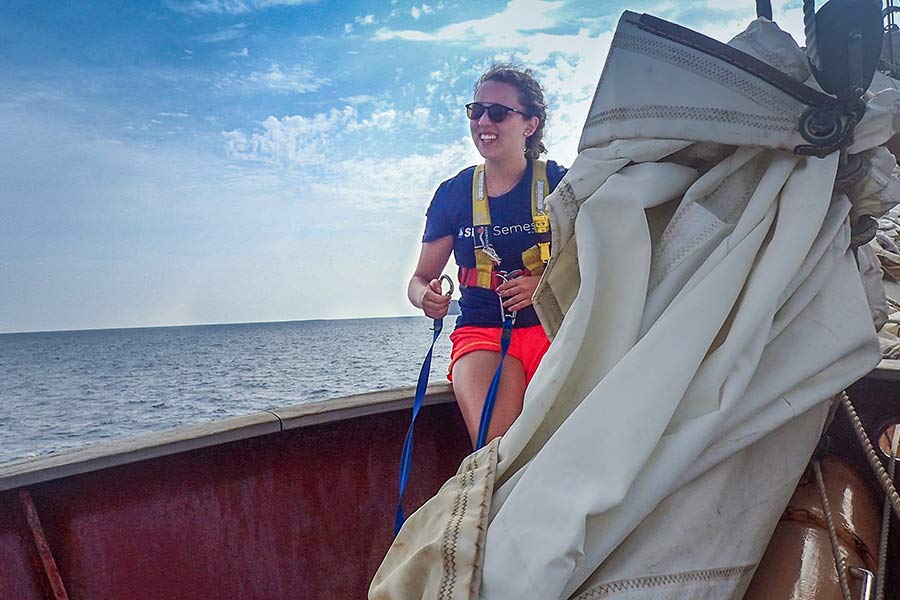 Knox College student Debora Lustgarten '20 aboard the SSV Robert C. Seamans