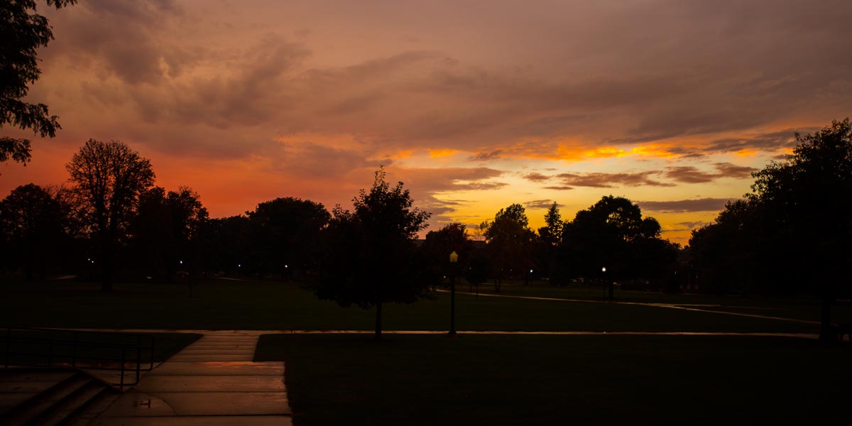 A fall sunset from the west side of Ford Center for the Fine Arts